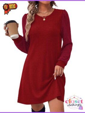Womens Long Sleeve Tunic Sweater Dress Knee Length Pull On Pockets